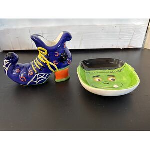 2 Halloween Ceramic Decor Frankenstein and Witch Boot